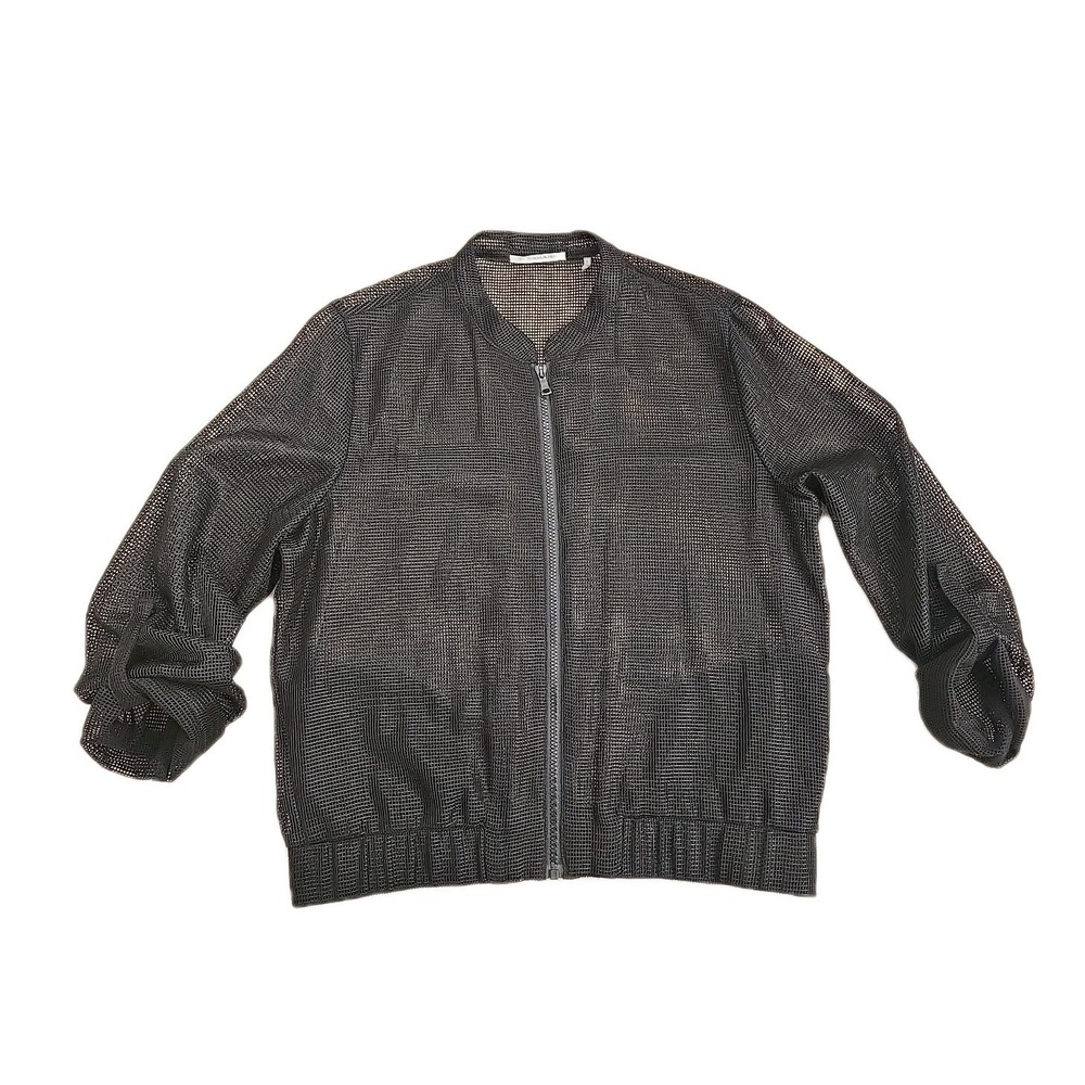 T Tahari Black Mesh Zip Bomber Jacket Adjustable Sleeves Elastic Waist Pockets L